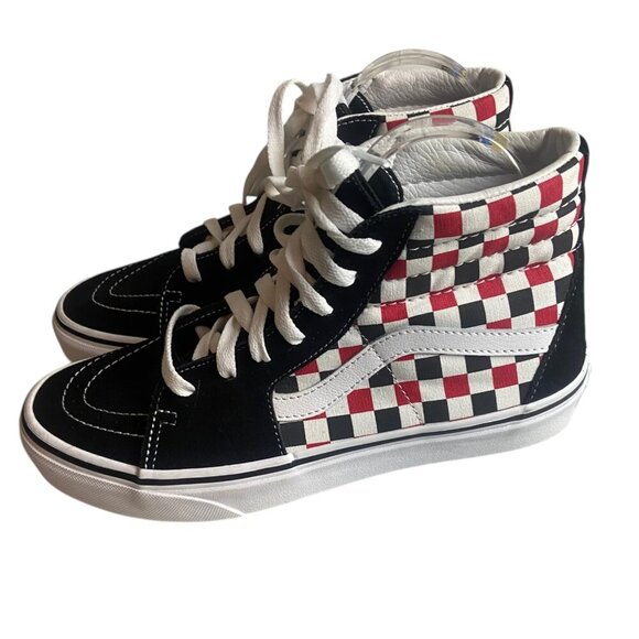 Vans Boys Size 6 High Top Skater Shoes Red Black Checkered Suede Sneakers Lace - Picture 3 of 9